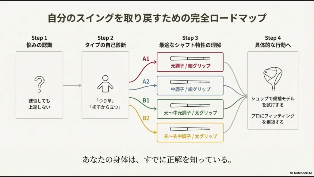 悩みの認識から自己診断、最適なシャフト特性の理解を経てフィッティングへ進む完全ロードマップ