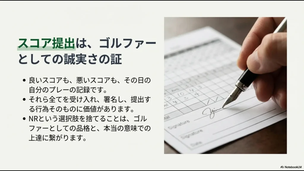 良いスコアも悪いスコアもすべて受け入れ、署名して提出することがゴルファーの品格と上達に繋がるというメッセージ