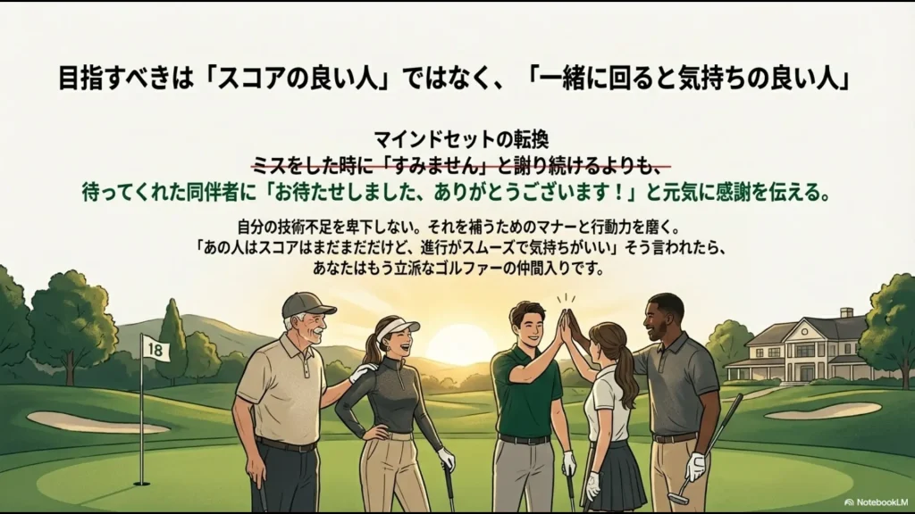 謝り続けるよりも感謝を伝えること、技術不足をマナーと行動力で補い、進行がスムーズなゴルファーを目指す姿勢