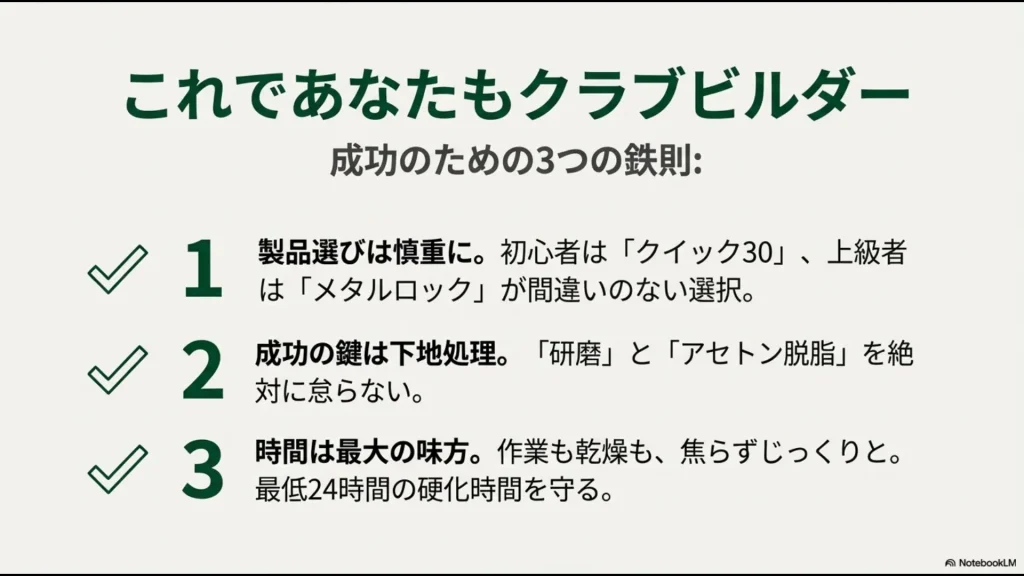 成功のための鉄則。慎重な製品選び、丁寧な下地処理、24時間の完全硬化時間を守ることのまとめ