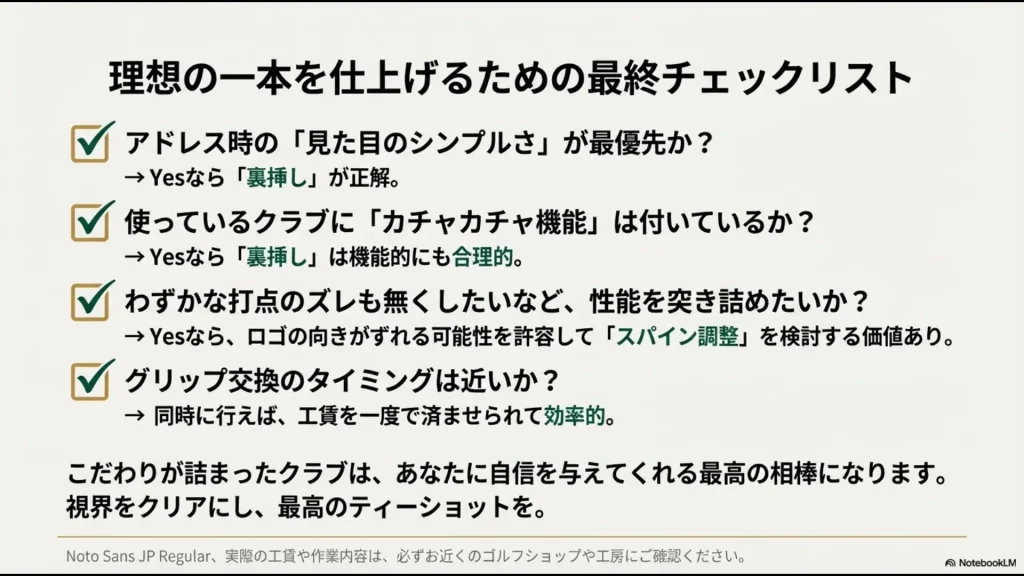 見た目、可変機能、性能の追求、グリップ交換時期を網羅した裏挿し検討用チェックリスト