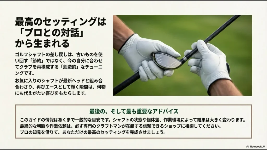 シャフト差し戻しを創造的なチューニングとして捉え、信頼できるプロに相談することを推奨するスライド