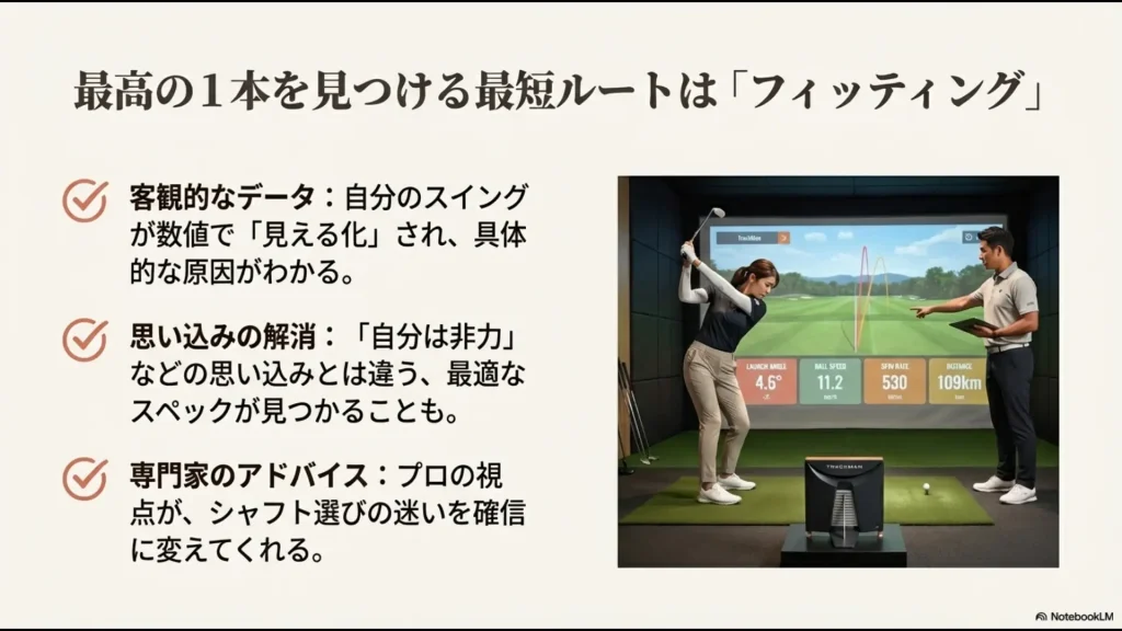 自分のスイングを数値で見える化し、非力だという思い込みを解消して、専門家のアドバイスで最適な一本を見つける最短ルートの解説。