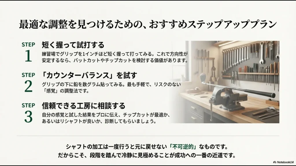 短く握る試打から始まり、カウンターバランス、工房相談へと進む推奨手順。