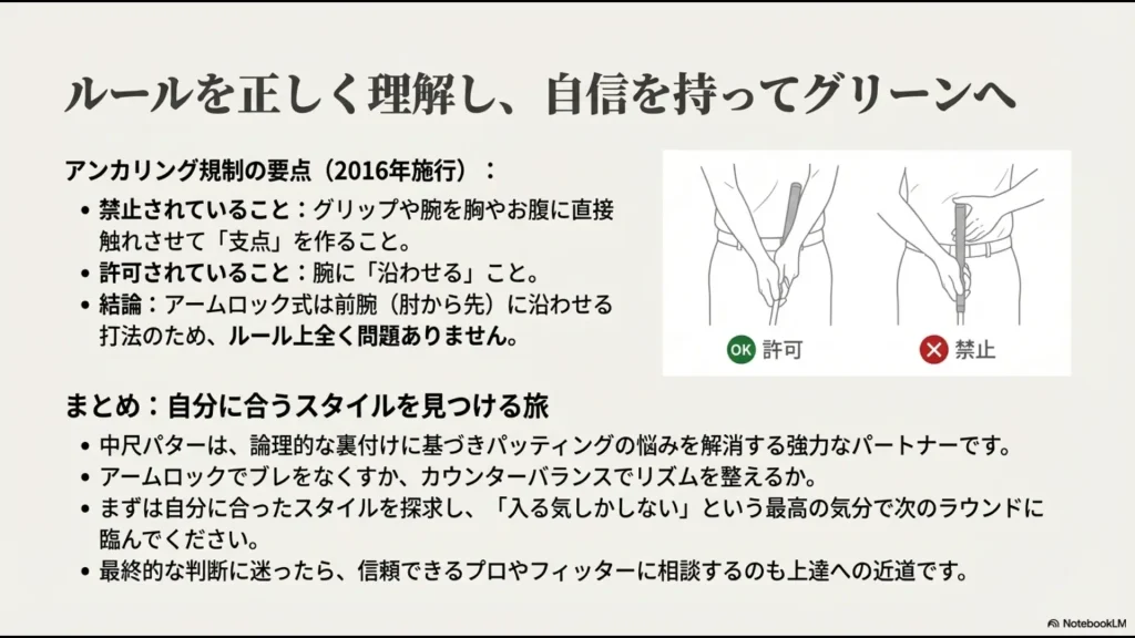 腕に沿わせるアームロックは許可（OK）、胸やお腹に支点を作る固定は禁止（NG）とするアンカリング規制の要点解説図。