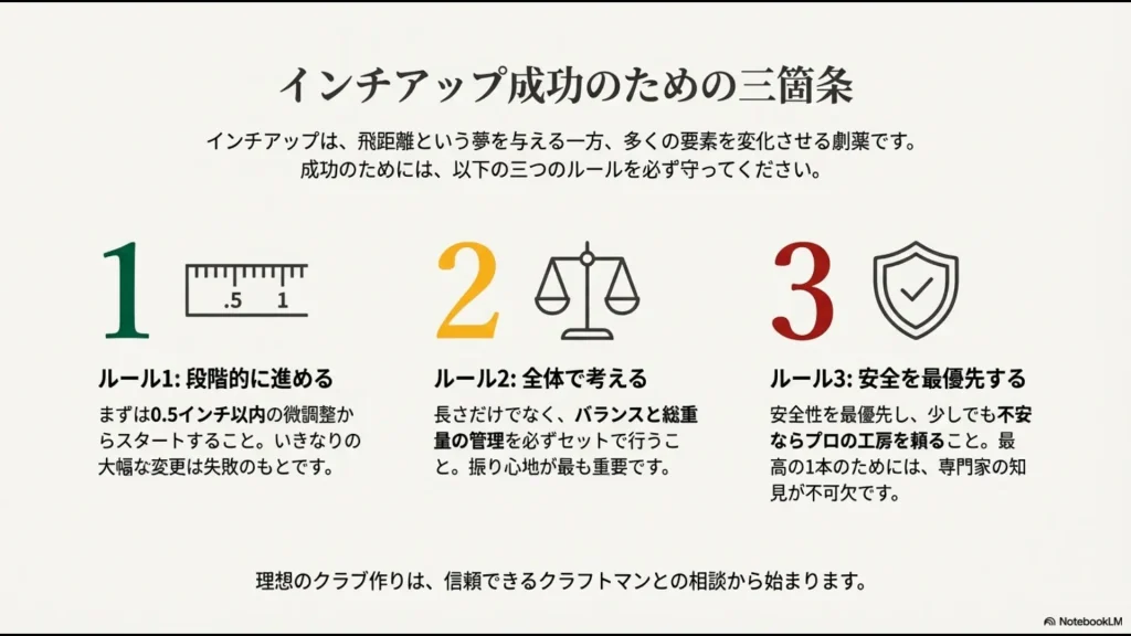 ゴルフシャフトのインチアップ成功のための三箇条