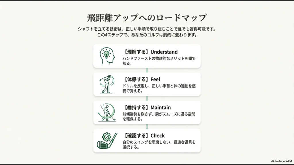 ゴルフの飛距離を劇的に伸ばすための、理解・体感・維持・確認の4段階ロードマップ