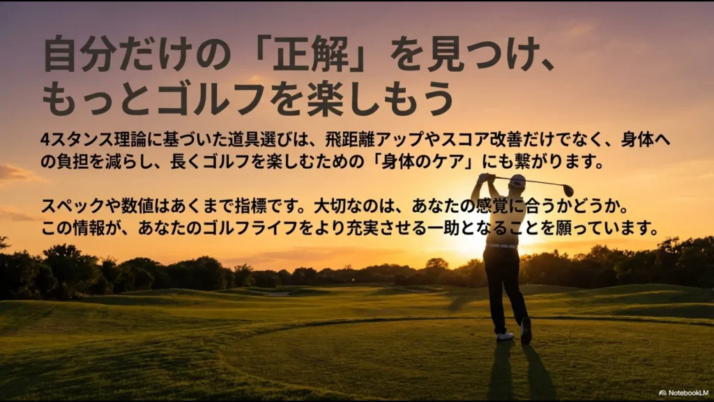 4スタンス理論に基づいた道具選びで飛距離アップと身体のケアを両立しゴルフを楽しむメッセージ