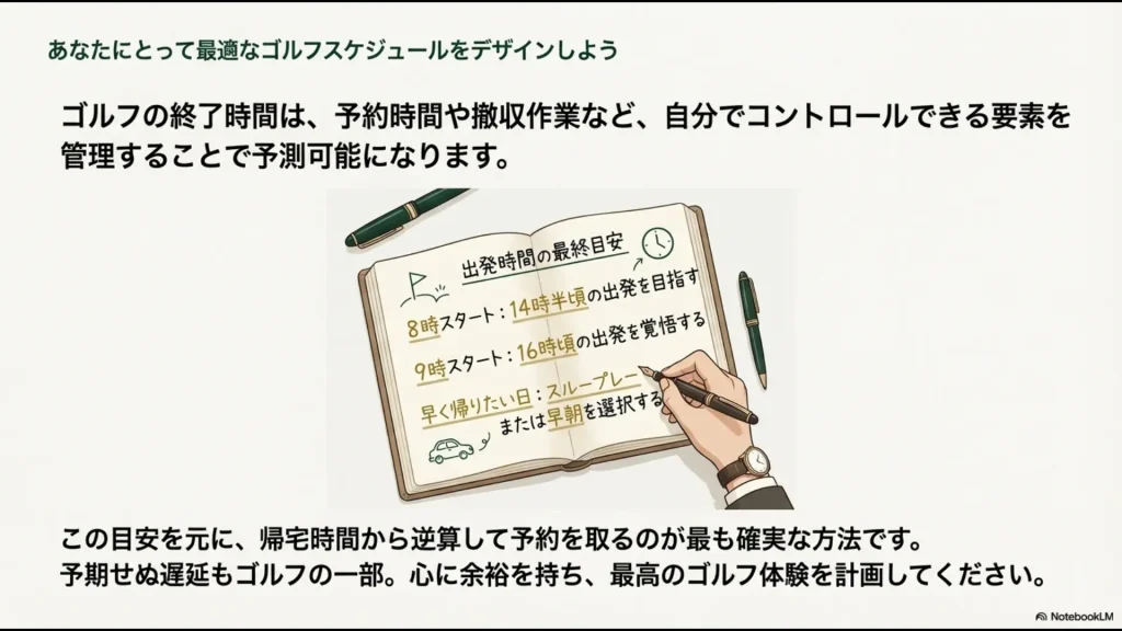 出発時間の最終目安まとめ。8時スタートは14時半頃、9時スタートは16時頃の出発を目指す戦略的な予約のヒント