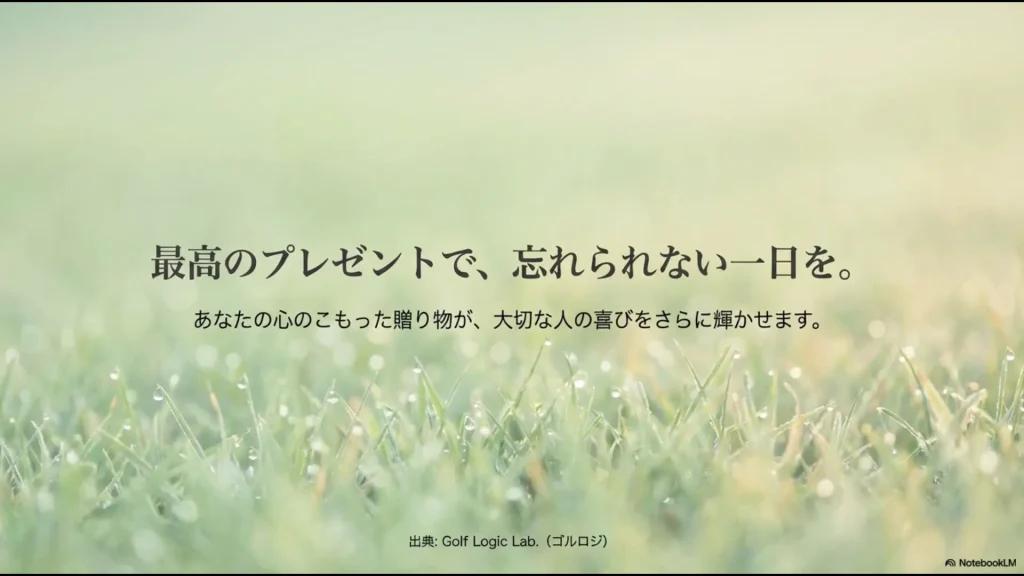 「最高のプレゼントで、忘れられない一日を。」と締めくくる、Golf Logic Lab.のエンディングスライド。