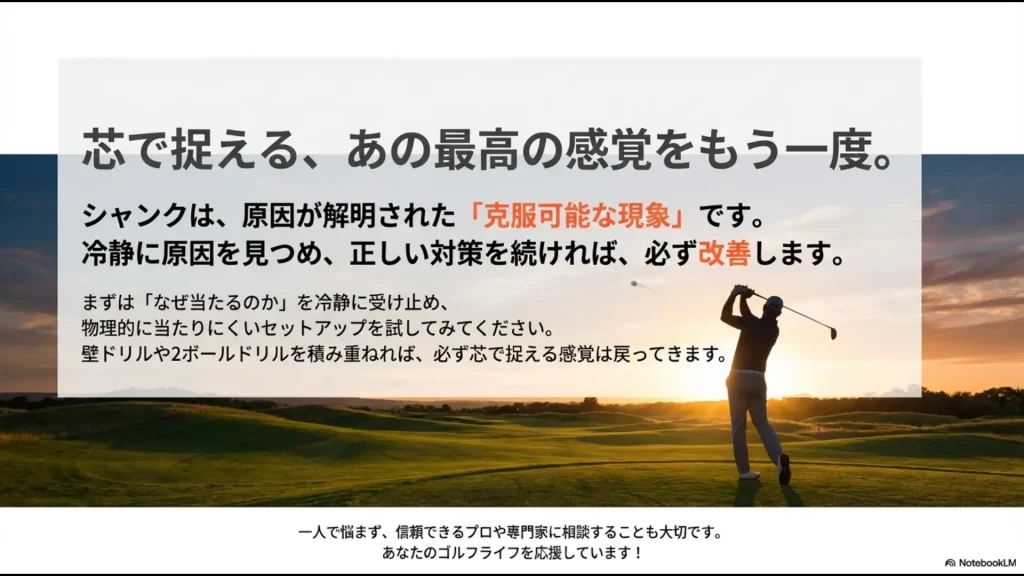 シャンクは克服可能な現象であり、正しい対策で芯で捉える感覚が戻ることを伝える応援メッセージ