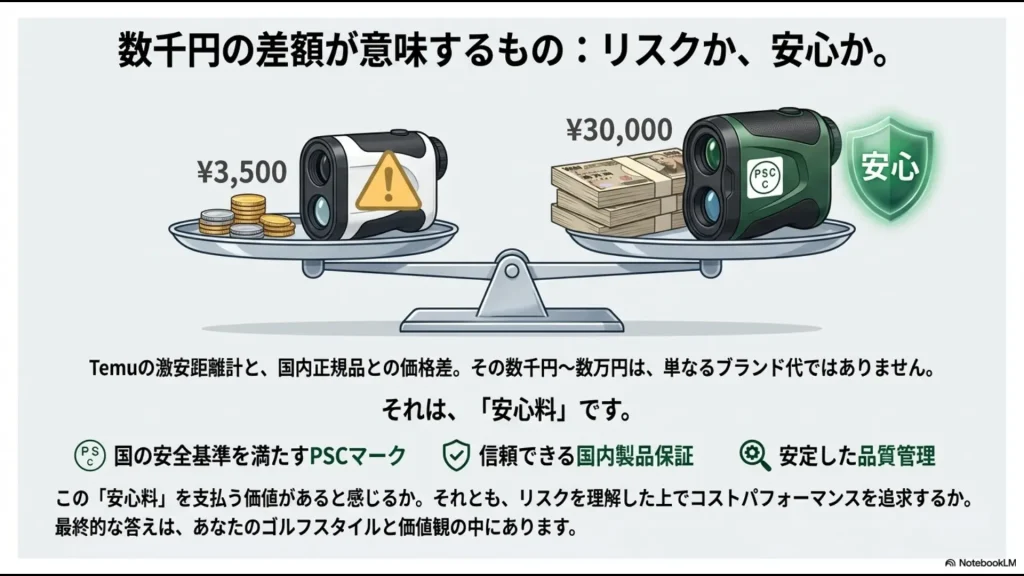 3,500円の激安機と30,000円の国内正規品を天秤にかけ、安心料とコストパフォーマンスのどちらを取るかを問いかける画像。