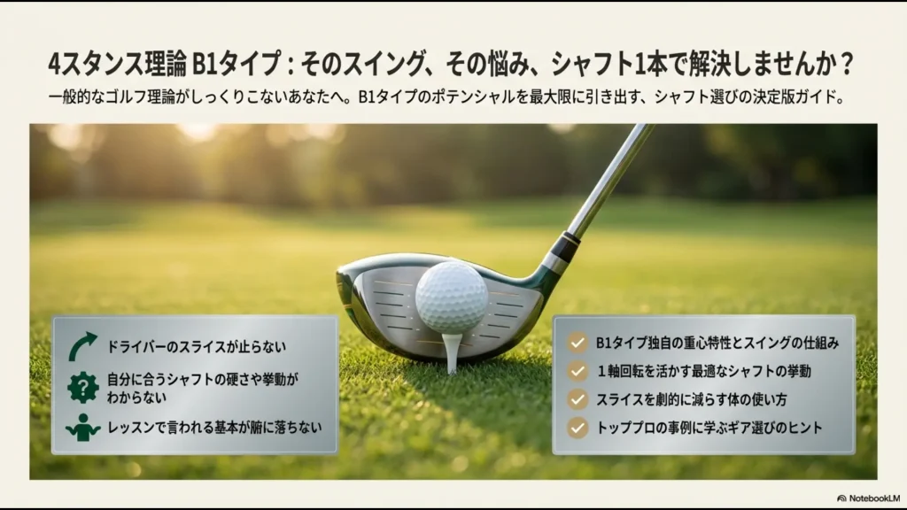 4スタンス理論B1タイプのスイングの悩み（スライス、シャフト挙動）と、シャフト1本で解決するガイドのまとめ画像