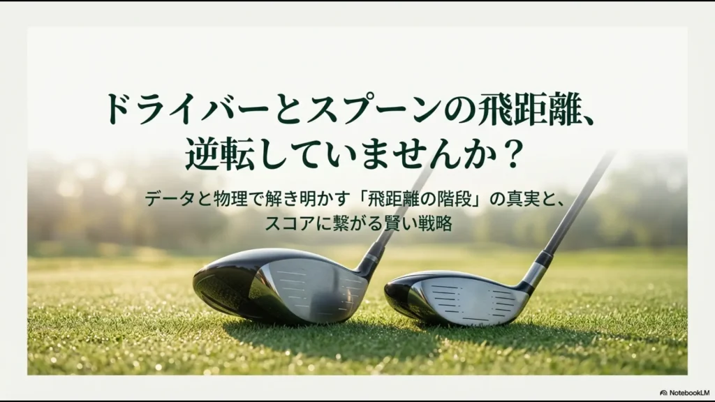 ドライバーとスプーンの飛距離差に関する戦略と物理的メカニズムを解説するスライドの表紙