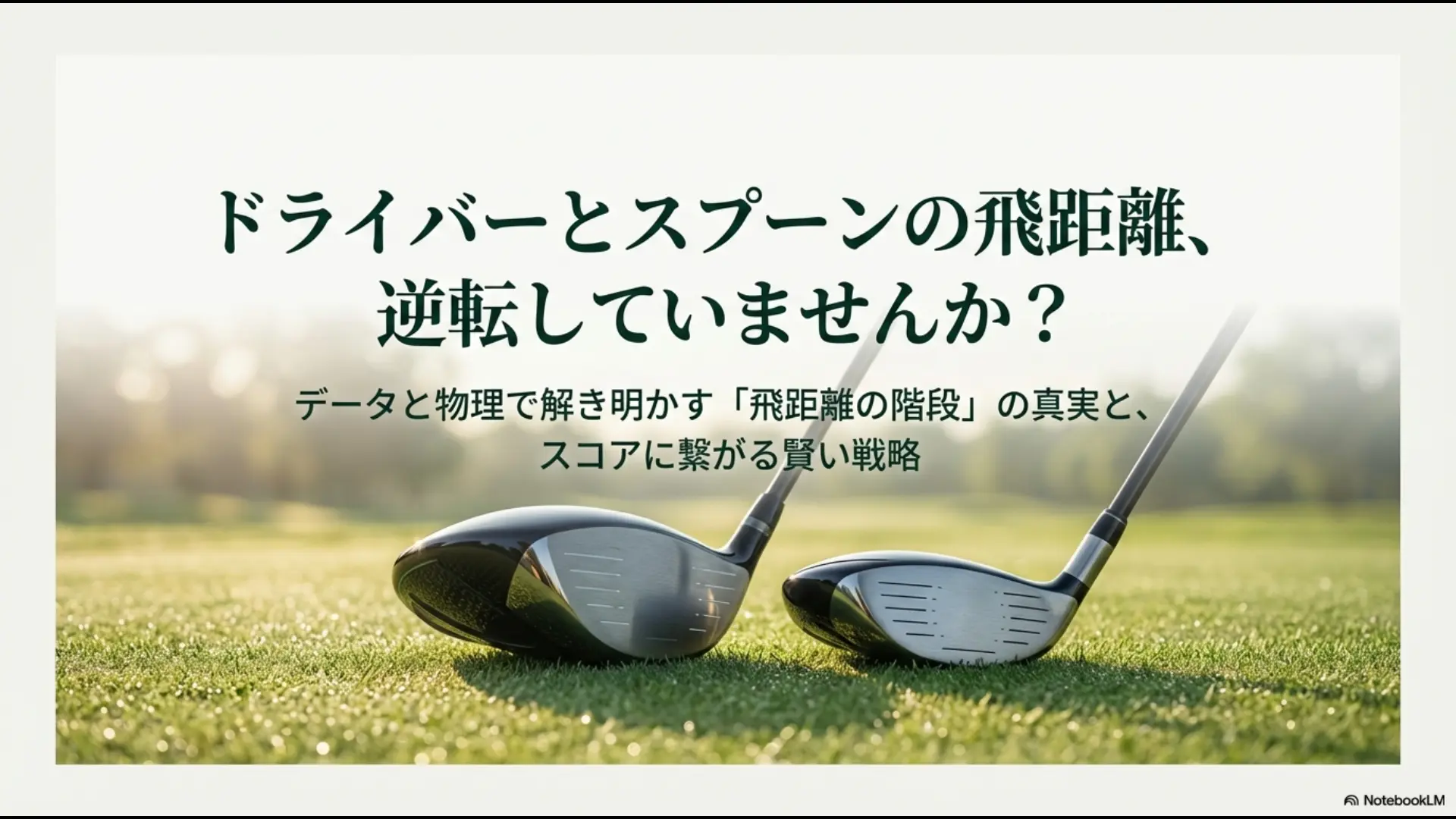 ドライバーとスプーンの飛距離差に関する戦略と物理的メカニズムを解説するスライドの表紙