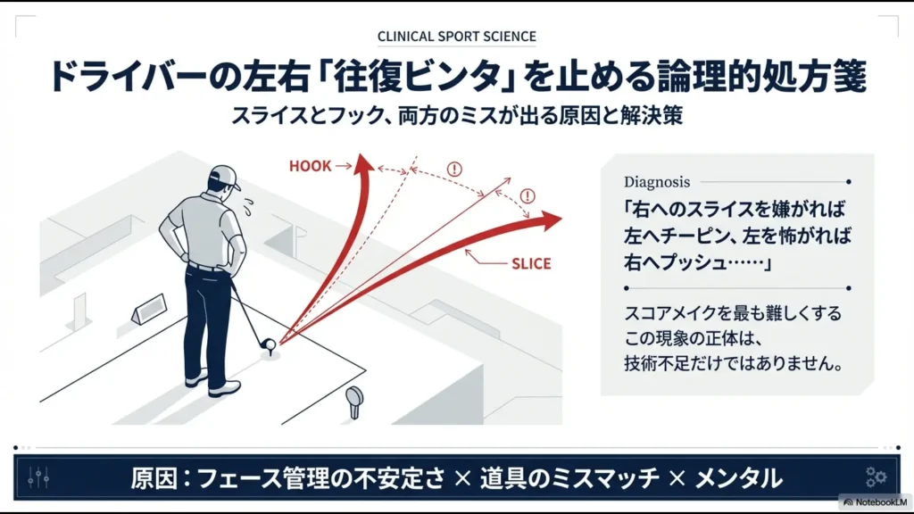 ドライバーでスライスとフックの両方が出る「往復ビンタ」現象のイラスト。原因としてフェース管理、道具、メンタルの3要素を提示している。