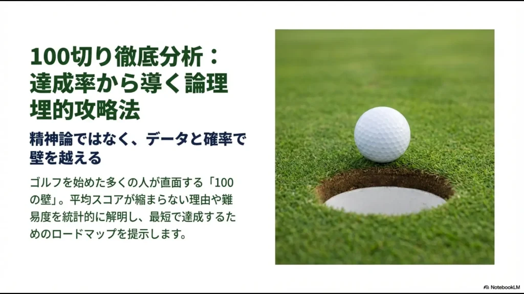 100切り徹底分析、達成率から導く論理的攻略法のスライド画像。データと確率で壁を越えるロードマップの提示。