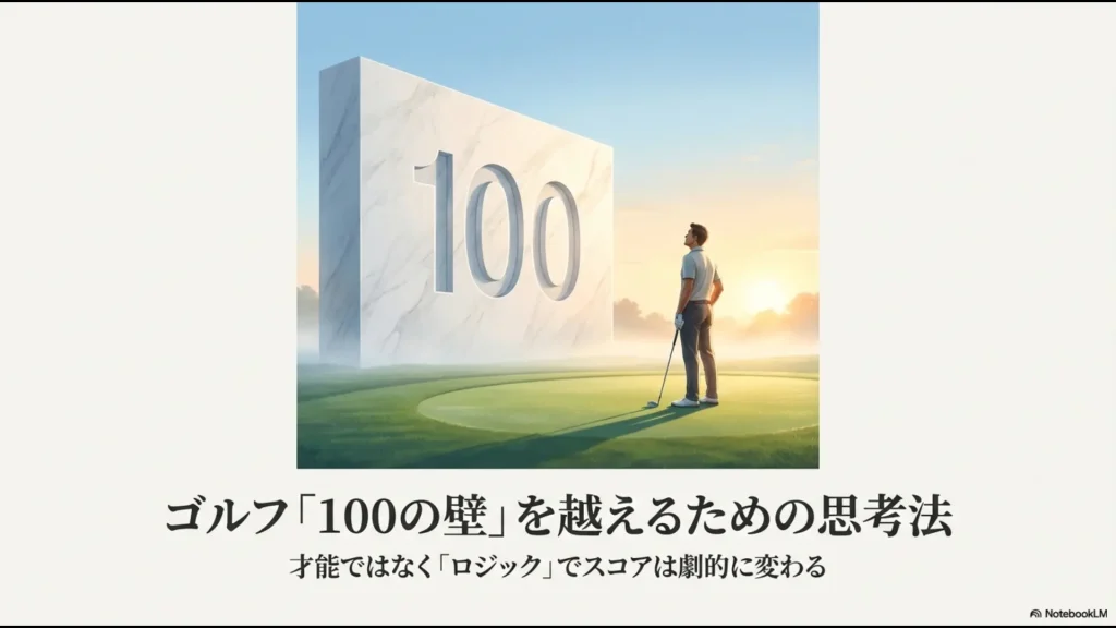 ゴルフのスコア100の壁をロジックで突破するためのイメージ画像。背中に100と書かれた大きな壁を見上げるゴルファー 。