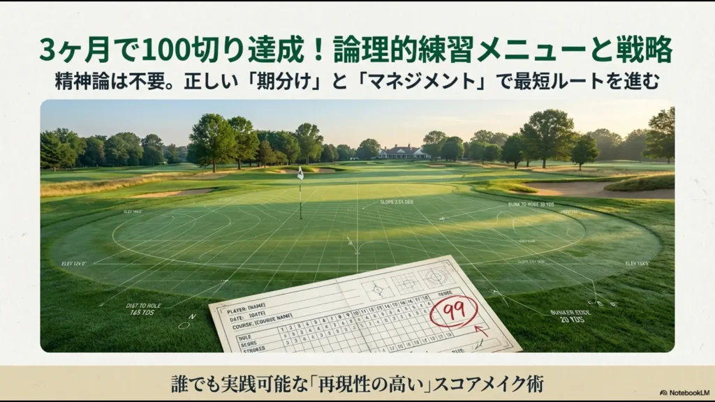 3ヶ月でゴルフ100切りを達成するための論理的な練習メニューと戦略のタイトルスライド