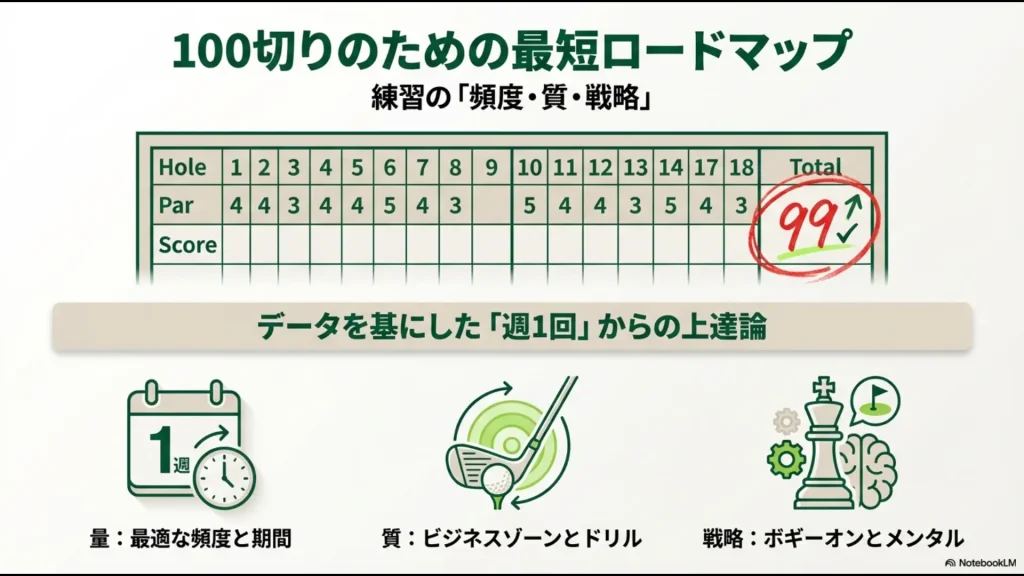 ゴルフの100切りを達成するために必要な練習の頻度・質・戦略の3要素をまとめたロードマップ画像