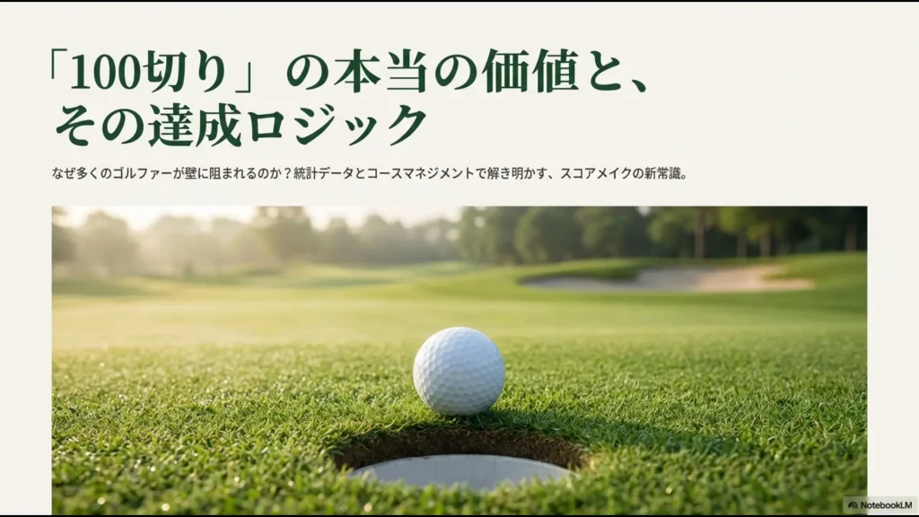 ゴルフの100切りの本当の価値と達成ロジックを解説するタイトルスライド画像。