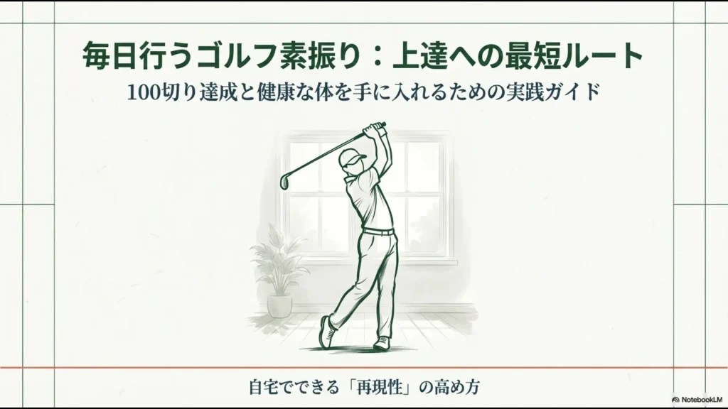自宅の室内でゴルフの素振りを行うイラストと、上達への最短ルート・100切り達成・再現性の高め方を解説する導入スライド