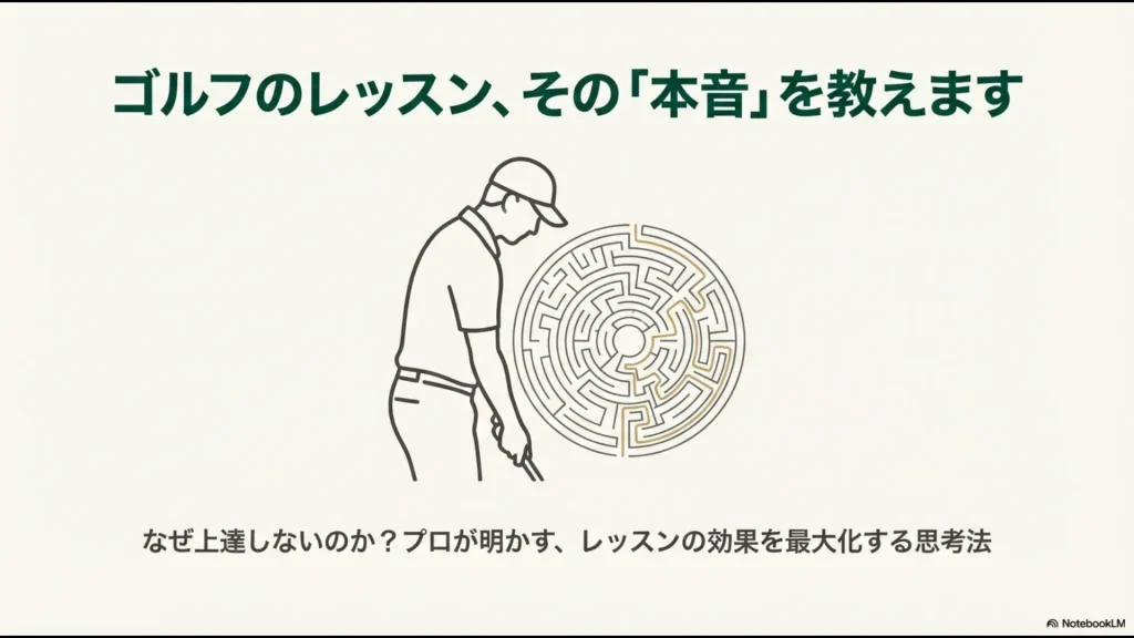 ゴルフプレーヤーがスイングの悩みを迷路に見立てて考えているイラスト。ゴルフレッスンの本音についての導入。