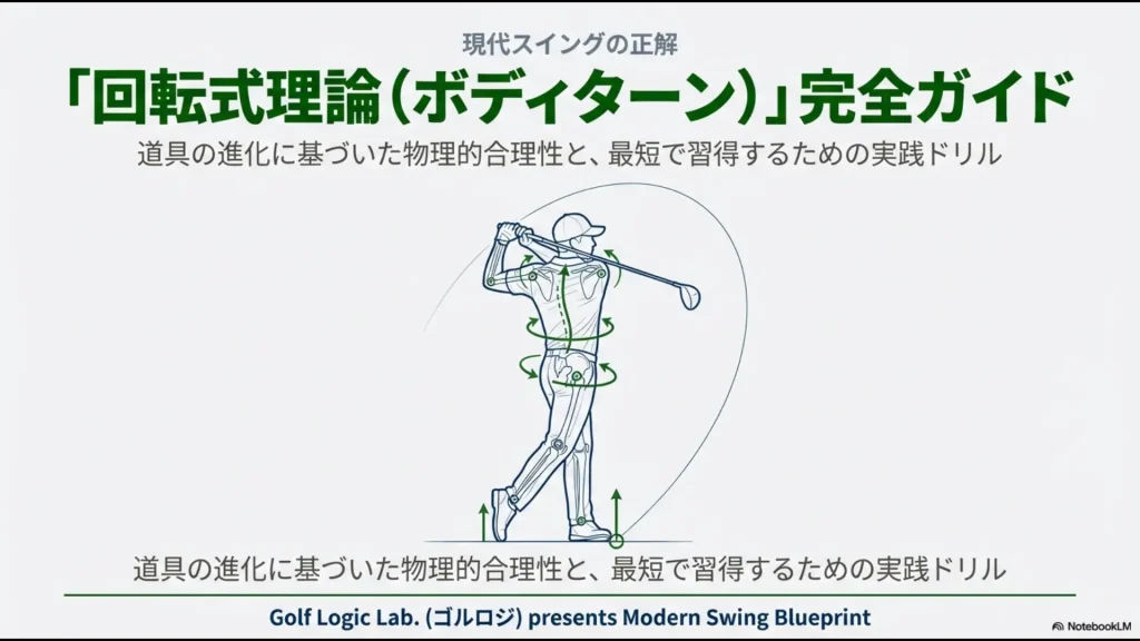 ゴルフ回転式理論（ボディターン）完全ガイドのタイトルスライド。現代スイングの正解と物理的合理性を解説するスライド資料。