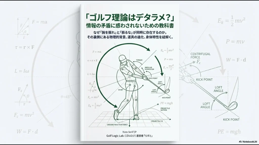 ゴルフスイングの物理法則（トルク、角運動量、地面反力）を解説する、ゴルファーの動作解析図 。