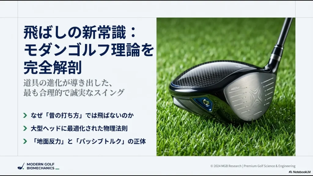 モダンゴルフ理論を完全解剖するスライドの表紙。大型ドライバーの画像とタイトル。