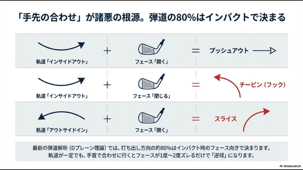 スイング軌道とフェースの向きの組み合わせによる弾道図。インサイドアウトとフェースの開閉によるプッシュアウトやチーピンの発生原理を解説。