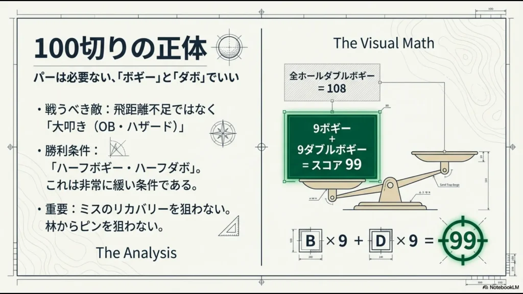 ゴルフ100切りのスコア配分。9ホールボギーと9ホールダブルボギーで合計99になる計算式を示す図解