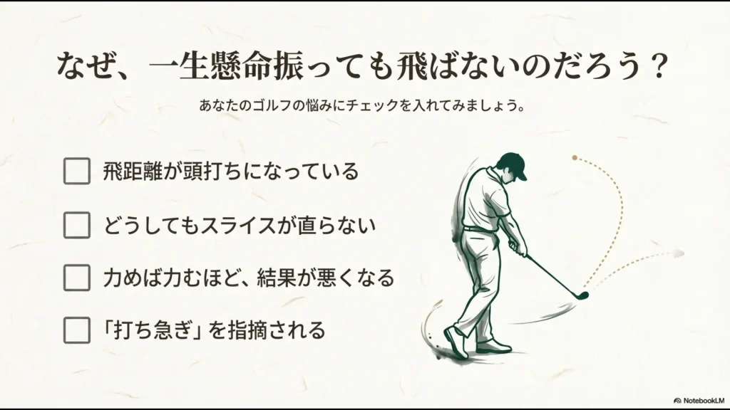 飛距離不足、スライス、力み、打ち急ぎなど、多くのアマチュアゴルファーが抱える悩みのチェックリスト