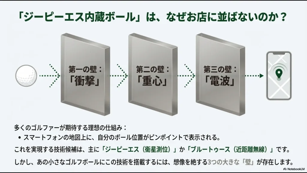 ゴルフボールへのGPS搭載を阻む「衝撃」「重心」「電波」という3つの大きな技術的障壁のイメージ図