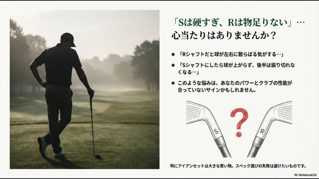アイアンのSフレックスが硬すぎ、Rフレックスが物足りないと感じるゴルファーの悩みを可視化したイメージ図。