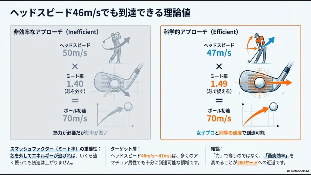 ヘッドスピード50m/sで芯を外す場合と、47m/sで芯を捉える場合のボール初速比較図