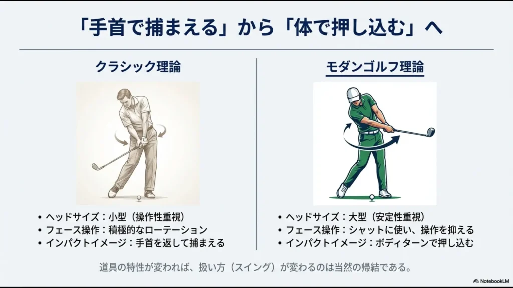 手首で捕まえるクラシック理論と、体で押し込むモダンゴルフ理論のスイングポスチャーの比較イラスト。