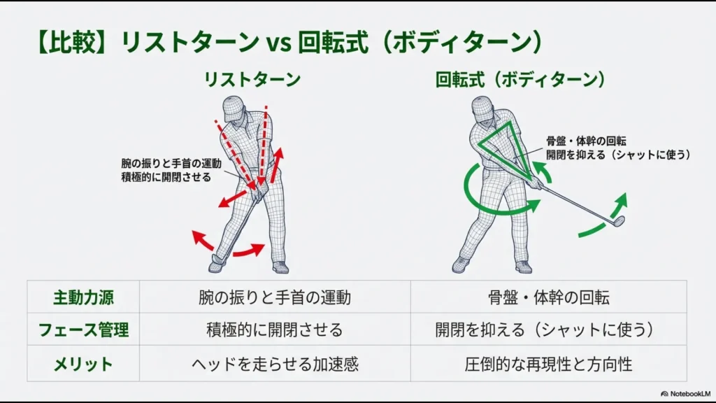 腕と手首を使うリストターンと、骨盤・体幹の回転を使う回転式（ボディターン）の主動力源とフェース管理の違いを比較したイラスト。