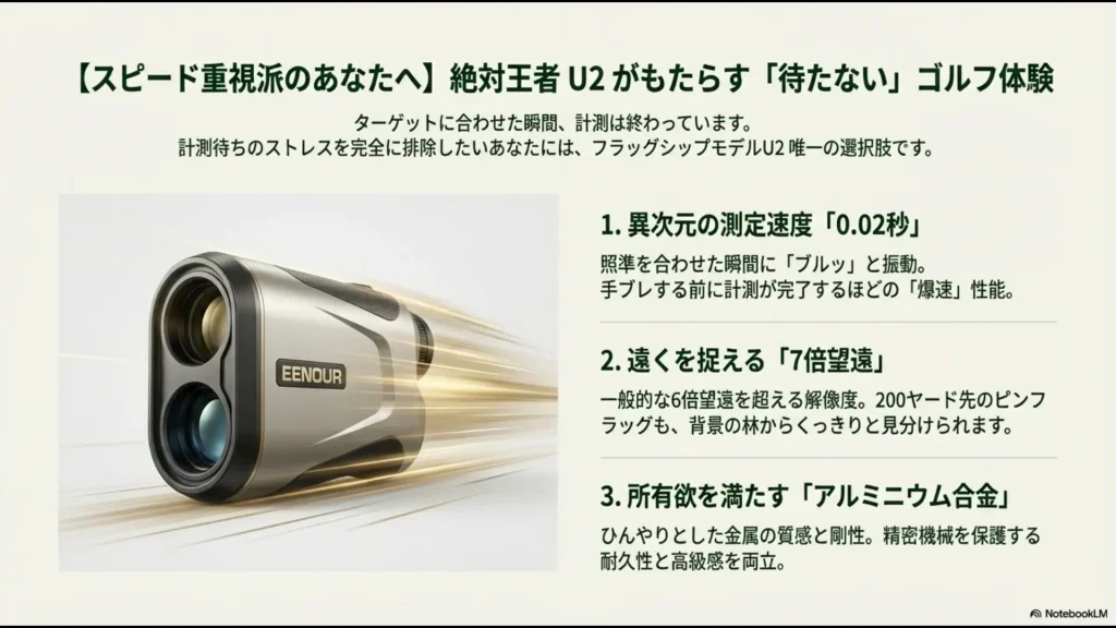 EENOUR U2の0.02秒測定速度、7倍望遠、アルミニウム合金ボディの特長紹介