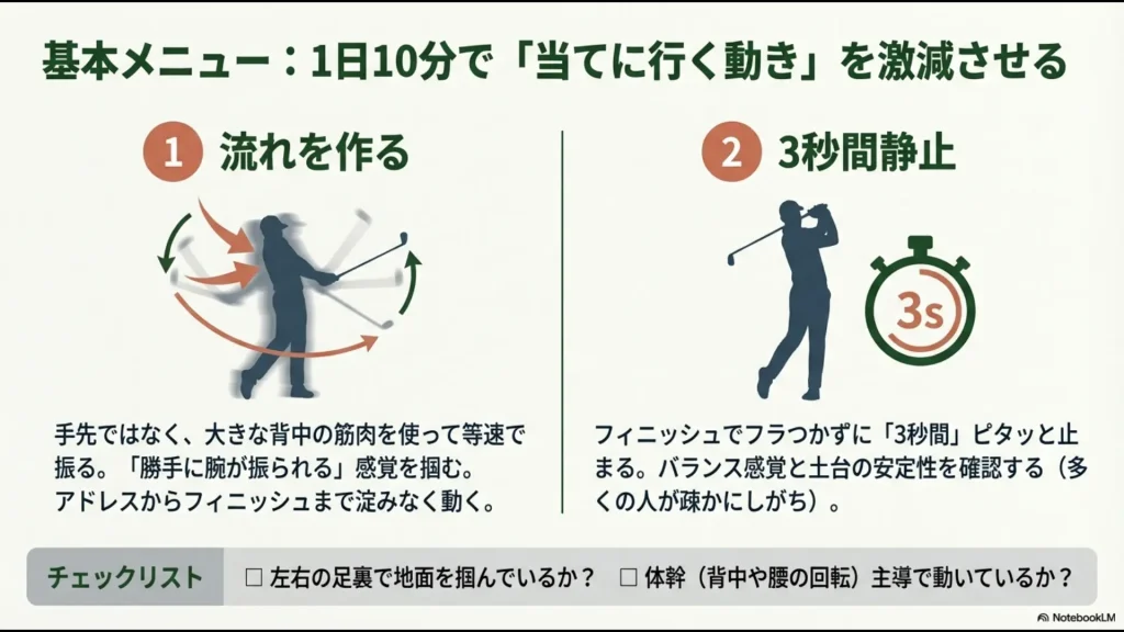 等速で振る「流れ」作りと、フィニッシュでの「3秒間静止」によるバランス確認、体幹主導の動きを解説するスライド