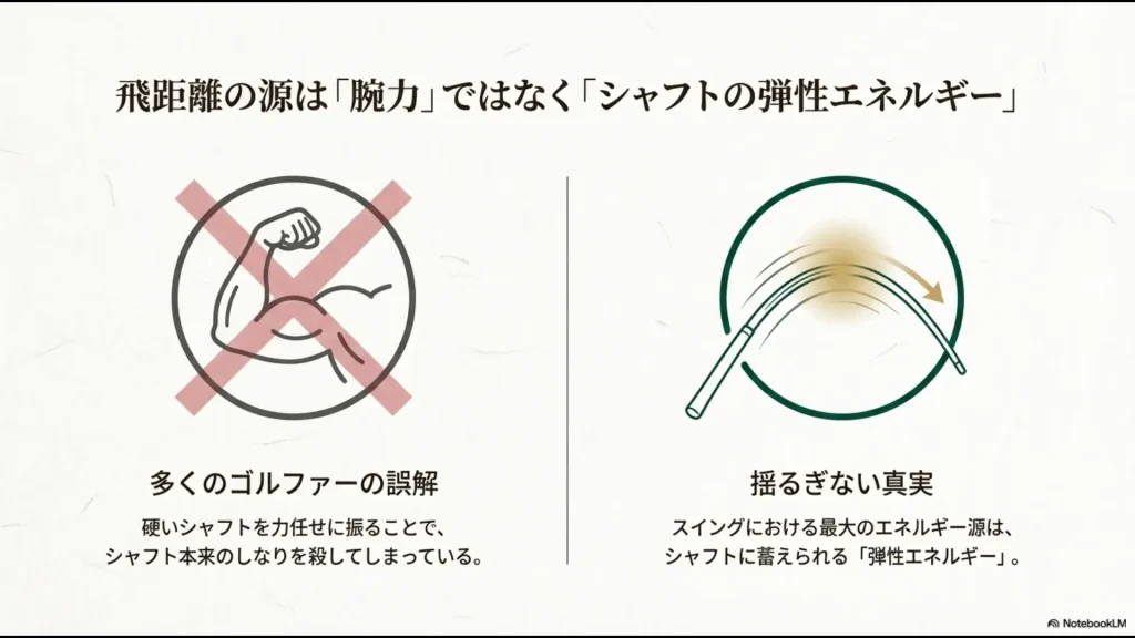 腕力で力任せに振るのではなく、シャフトのしなり(弾性エネルギー)を利用することが飛距離の源であることを示す図解