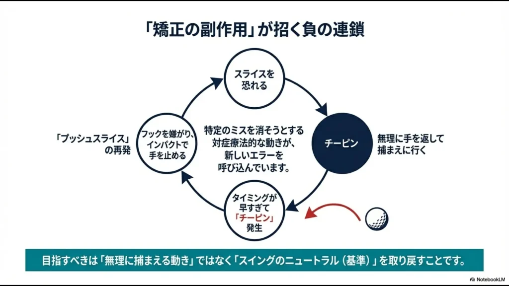スライスを恐れて手を返しチーピンが発生し、それを嫌がって手を止めプッシュスライスが再発するという「矯正の副作用」による負の連鎖を示すサイクル図。