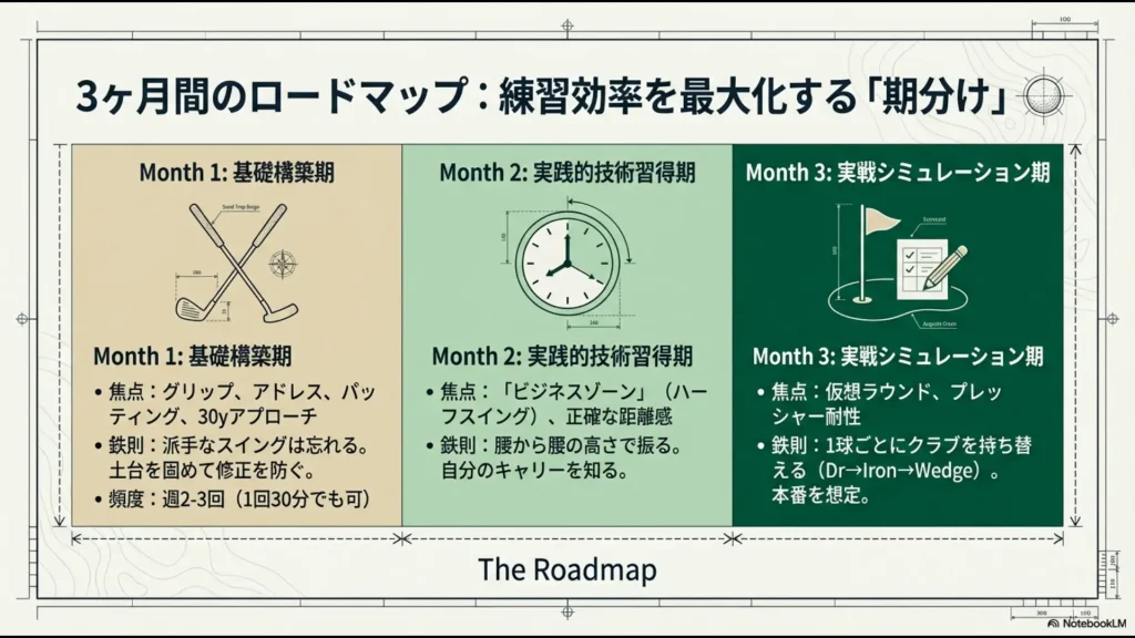 ゴルフ練習を基礎構築期、実践的技術習得期、実戦シミュレーション期の3ヶ月に分けたロードマップ