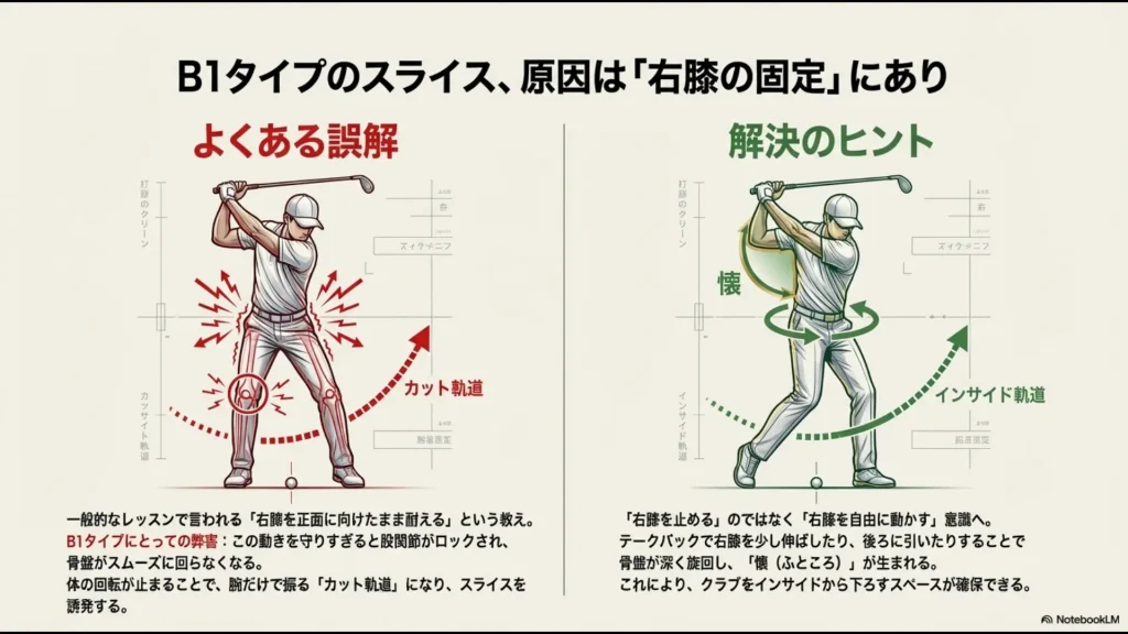 B1タイプの速いスイングテンポに対応するため、手元側の硬さが振り遅れを防ぎ理想のインパクトを作る仕組み