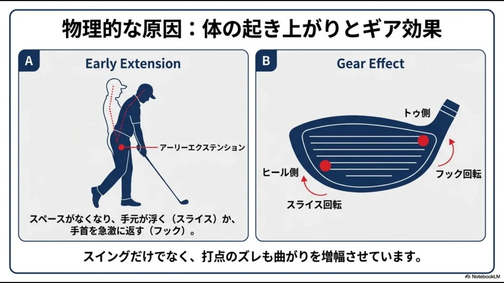 体の起き上がり(アーリーエクステンション)によるミスと、フェースの打点(トゥ・ヒール)のズレによって回転が変わるギア効果の図解。