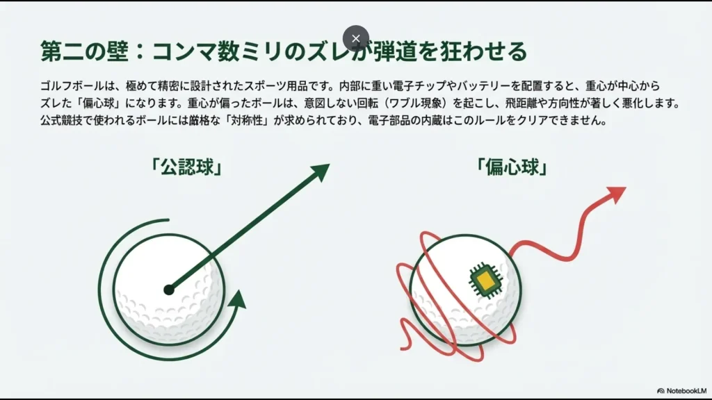 精密な公認球と、電子部品により重心がズレた偏心球の弾道の違い（ワブル現象）の比較図
