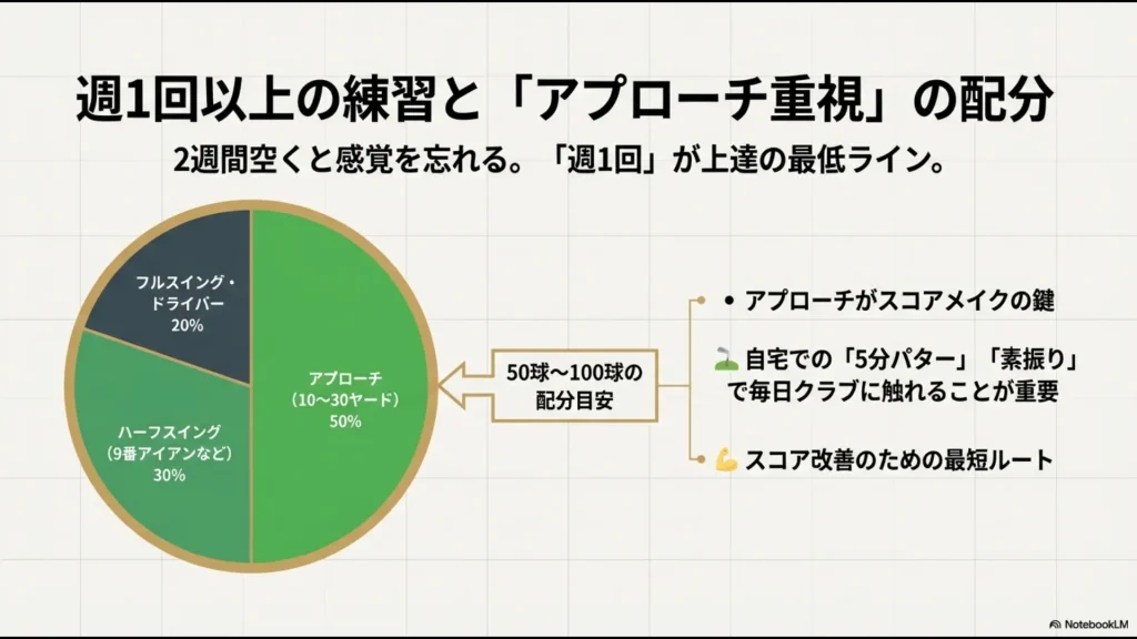 週1回以上の練習を推奨し、アプローチ50%、ハーフスイング30%、フルスイング20%という理想的な練習配分を示した図