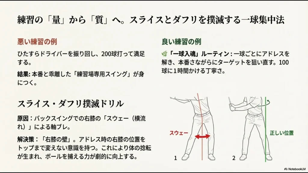 バックスイングでのスウェー（横流れ）を防止し、捻転を生むための正しい右膝の位置を示すイラストと練習の質についての解説 。