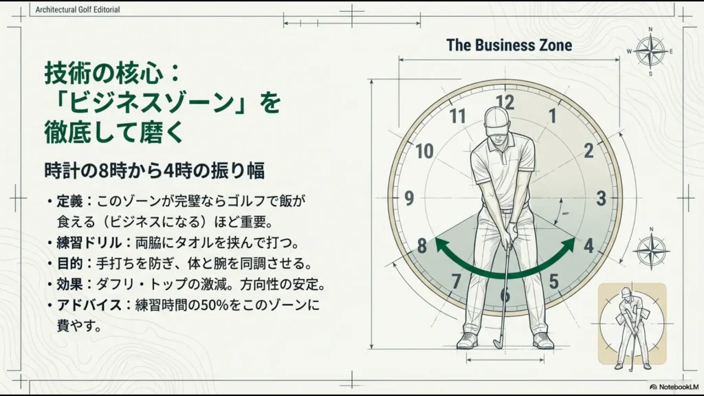 ゴルフスイングの核心であるビジネスゾーン(時計の8時から4時)の振り幅とタオル挟みドリルの解説図