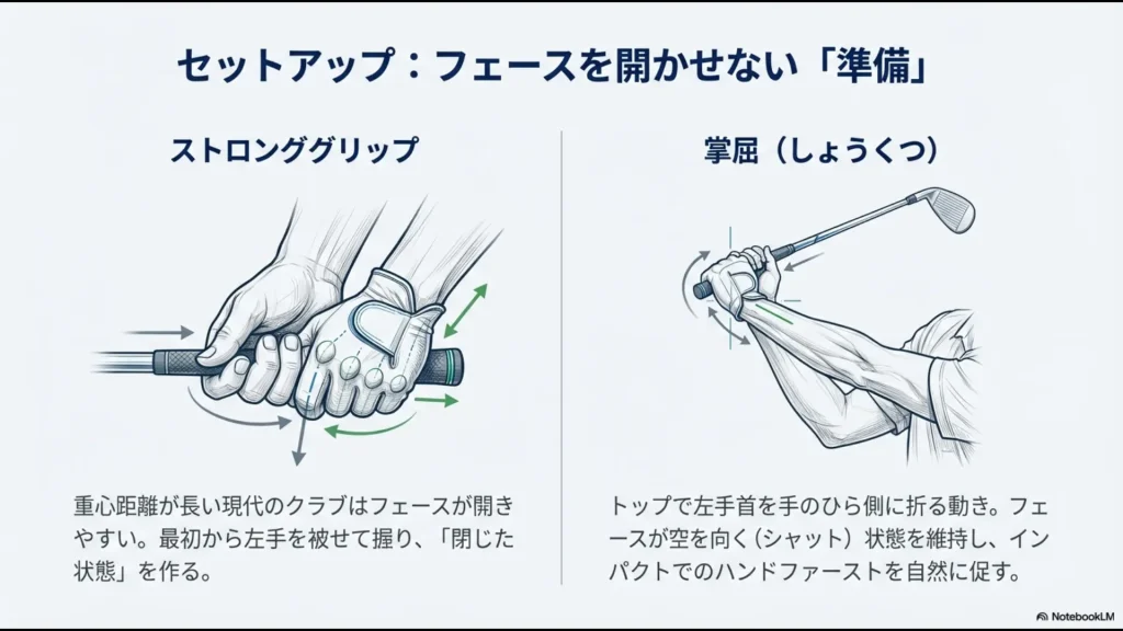 フェースを開かせないためのストロンググリップと、トップでの左手首の掌屈（シャットフェース維持）の図解。